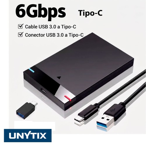 Carcasa Externa para SSD/HDD 2.5" SATA III a USB-C 6Gbps – Incluye Cable y Adaptador USB 3.0