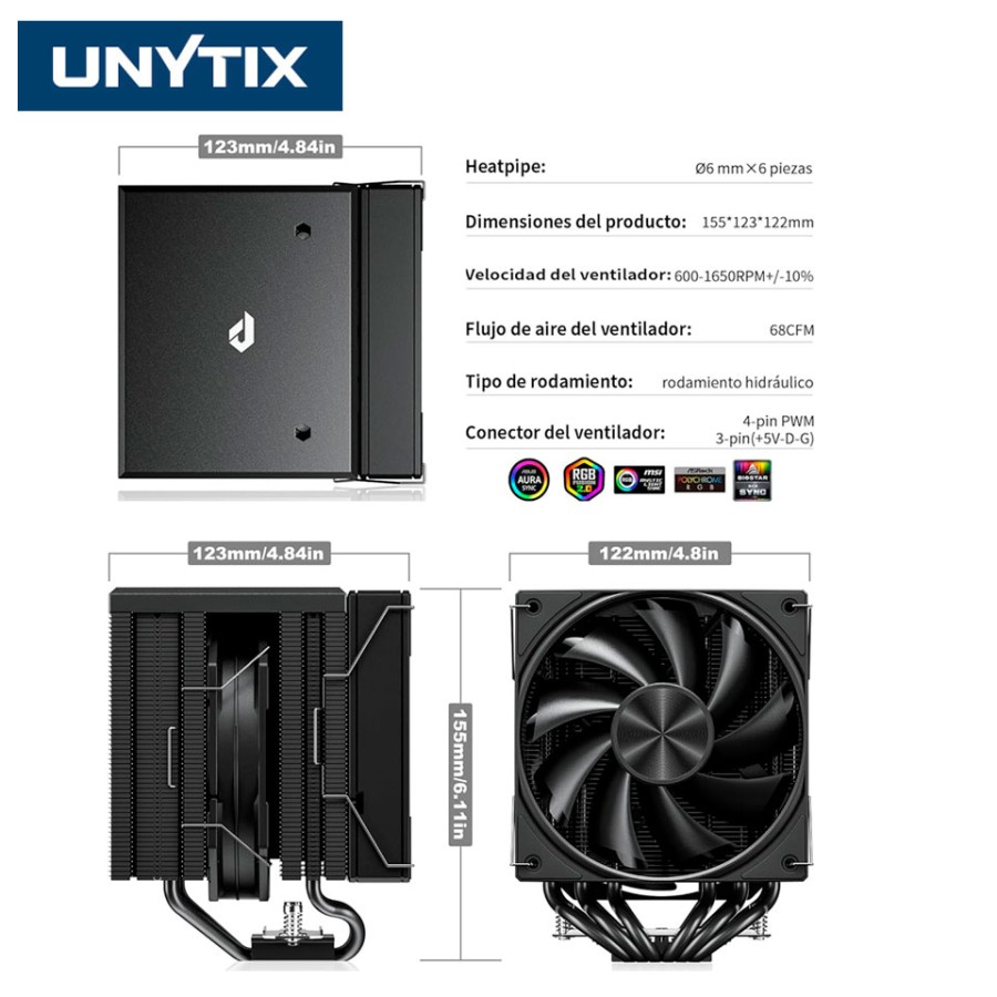 Disipador CPU Gaming Doble Torre, 6 Heat Pipes, 2x 120mm PWM - Negro - Unytix One UE2K6