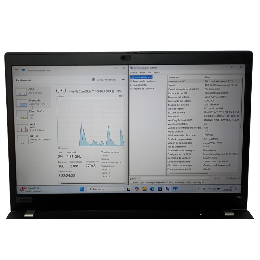 Portátil Lenovo ThinkPad T14s i7-10610U 8/256/14" Wind11 Pro teclado español