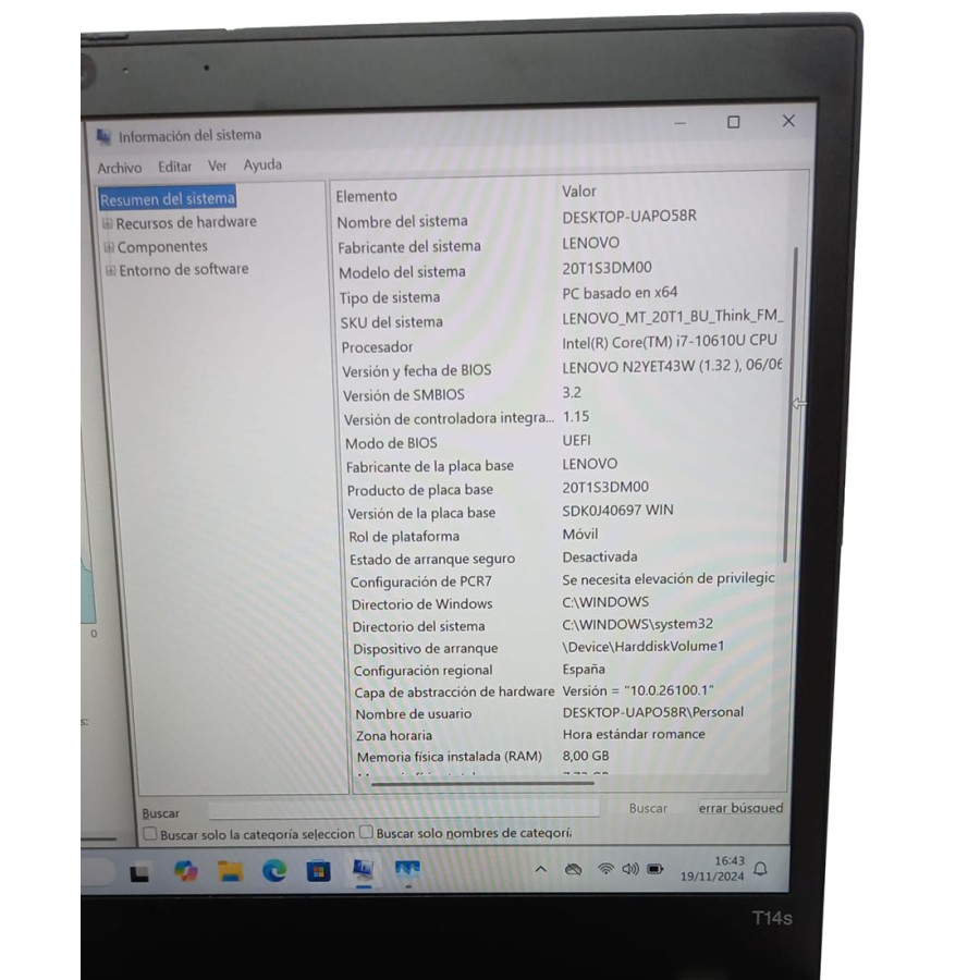 Portátil Lenovo ThinkPad T14s i7-10610U 8/256/14" Wind11 Pro teclado español