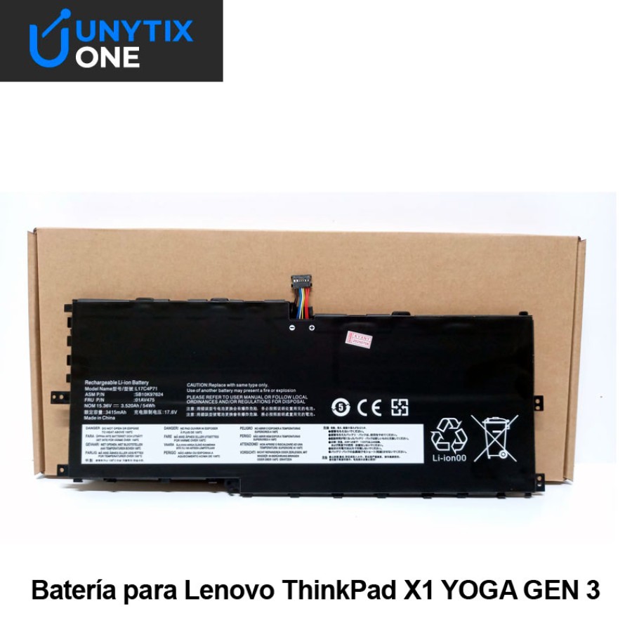 Batería Lenovo X1 Yoga Gen 3 2018 4 Celdas 15,36V – PN SB10K97624 – Unytix One L17C4P71 01AV475