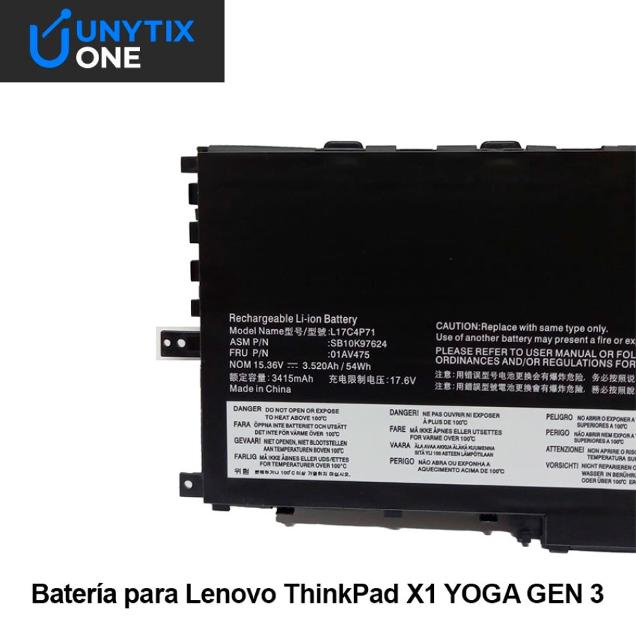 Batería Lenovo X1 Yoga Gen 3 2018 4 Celdas 15,36V – PN SB10K97624 – Unytix One L17C4P71 01AV475